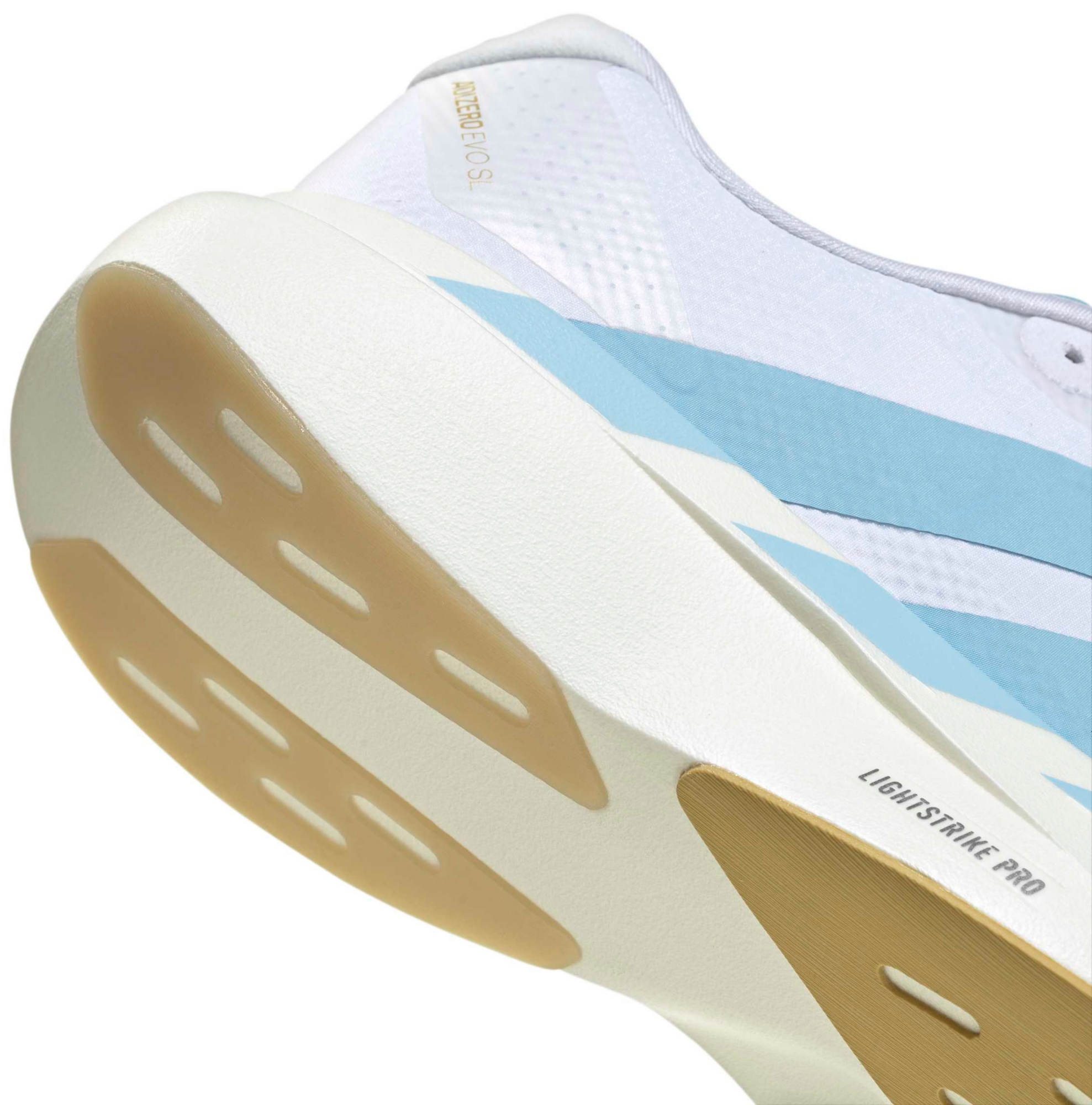 adidas Men's Adizero EVO SL Woven Running Shoes - Ftwr White/Clear Blue/Matte Gold - View 8