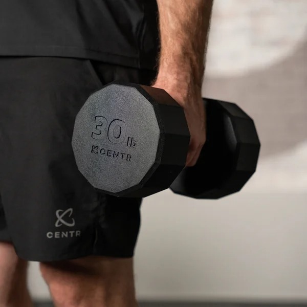 Cethtntr 12-sided 210 lb. Rubber Dumthtbbell Set with Rack and 1-year Cethtntr Membership