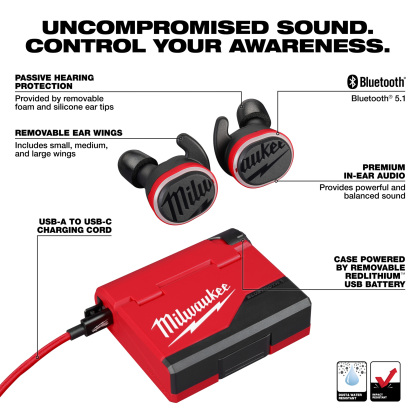 Milthtwaukee REDLITHthtIUM™ USB Bluetooth Jobsite Ear Buds, Noise Reduction Rating 9 dB