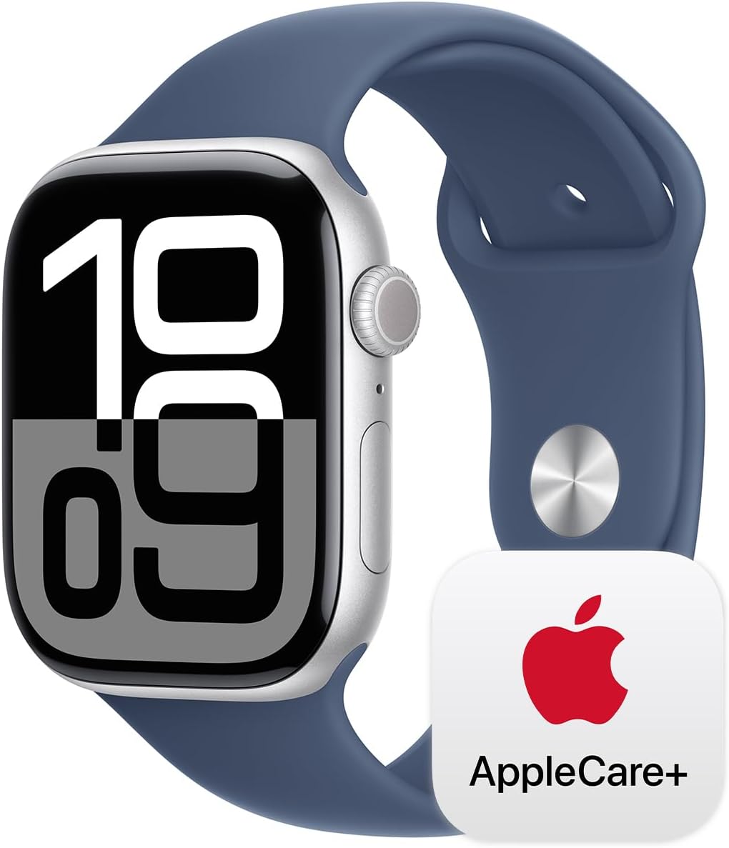 Apple Watch Series 10 [GPS 42mm case] Smartwatch with Silver Aluminium Case with Denim Sport Band - S/M. Fitness Tracker, ECG App, Always-On Retina Display, Water Resistant