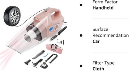 VARSK 4-in-1 Car Vacuum Cleaner High Power, Presents for Her Women Girls Mom, Pink Handheld Car Vacuum Portable Tire Inflator with Digital Tire Pressure Gauge LCD Display and Light, 12V DC, 15FT Cord