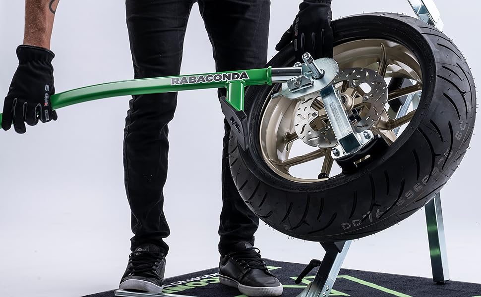 The Rabaconda Street Bike Tire Changer in action.