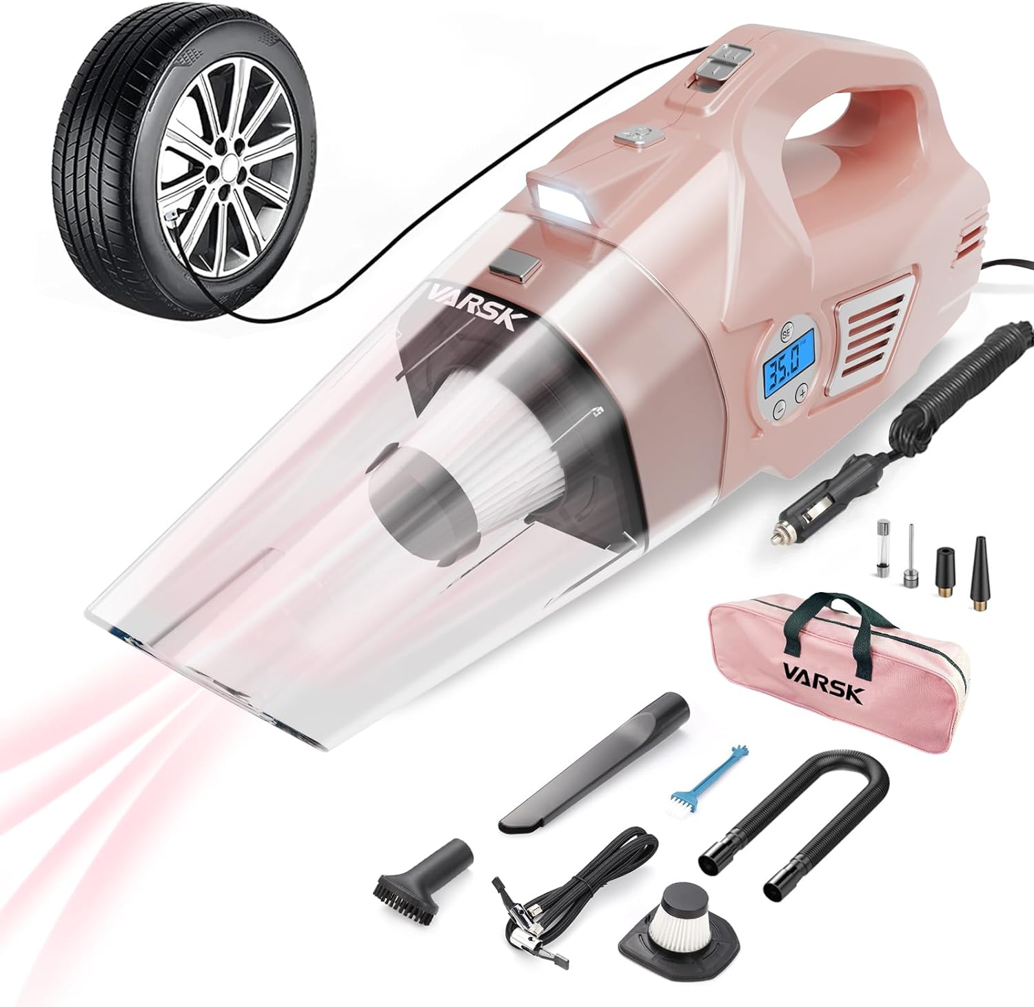 VARSK 4-in-1 Car Vacuum Cleaner High Power, Presents for Her Women Girls Mom, Pink Handheld Car Vacuum Portable Tire Inflator with Digital Tire Pressure Gauge LCD Display and Light, 12V DC, 15FT Cord