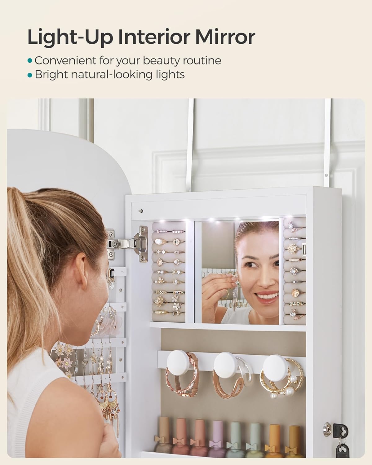SONGMICS Jewelry Organizer, LED Jewelry Cabinet Wall or Door Mounted, Lockable Rounded Wide Mirror with Storage, Interior Mirror, 3.9 x 16.5 x 42.5 Inches, White Surface with Greige Lining UJJC026W01