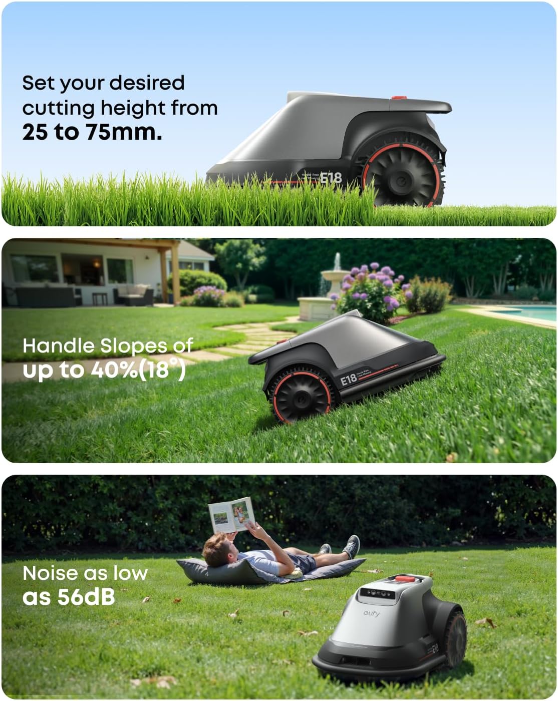 eufy Robot Lawn Mower E18, No Wire, No RTK, No Signal Issue, Hands-Free Auto Mapping, Precise Obstacle Avoiding, Reliable Lawn Maintenance, Worry-Free Experience