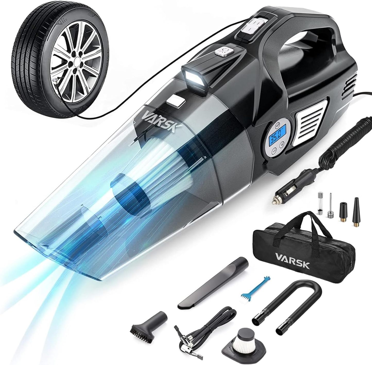 VARSK 4-in-1 Car Vacuum Cleaner High Power, Presents for Her Women Girls Mom, Pink Handheld Car Vacuum Portable Tire Inflator with Digital Tire Pressure Gauge LCD Display and Light, 12V DC, 15FT Cord