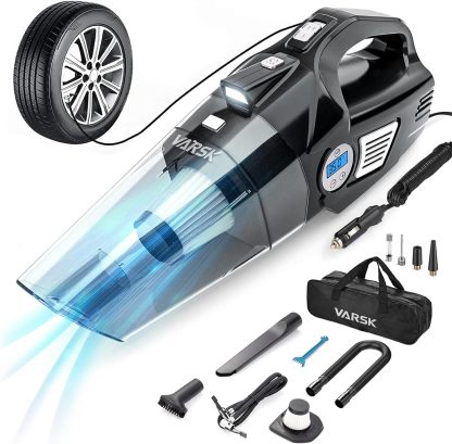 VARSK 4-in-1 Car Vacuum Cleaner High Power, Presents for Her Women Girls Mom, Pink Handheld Car Vacuum Portable Tire Inflator with Digital Tire Pressure Gauge LCD Display and Light, 12V DC, 15FT Cord