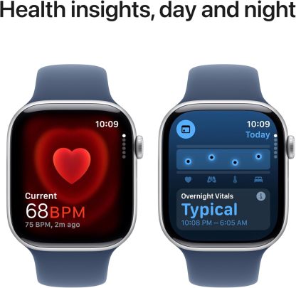 Apple Watch Series 10 [GPS 42mm case] Smartwatch with Silver Aluminium Case with Denim Sport Band - S/M. Fitness Tracker, ECG App, Always-On Retina Display, Water Resistant