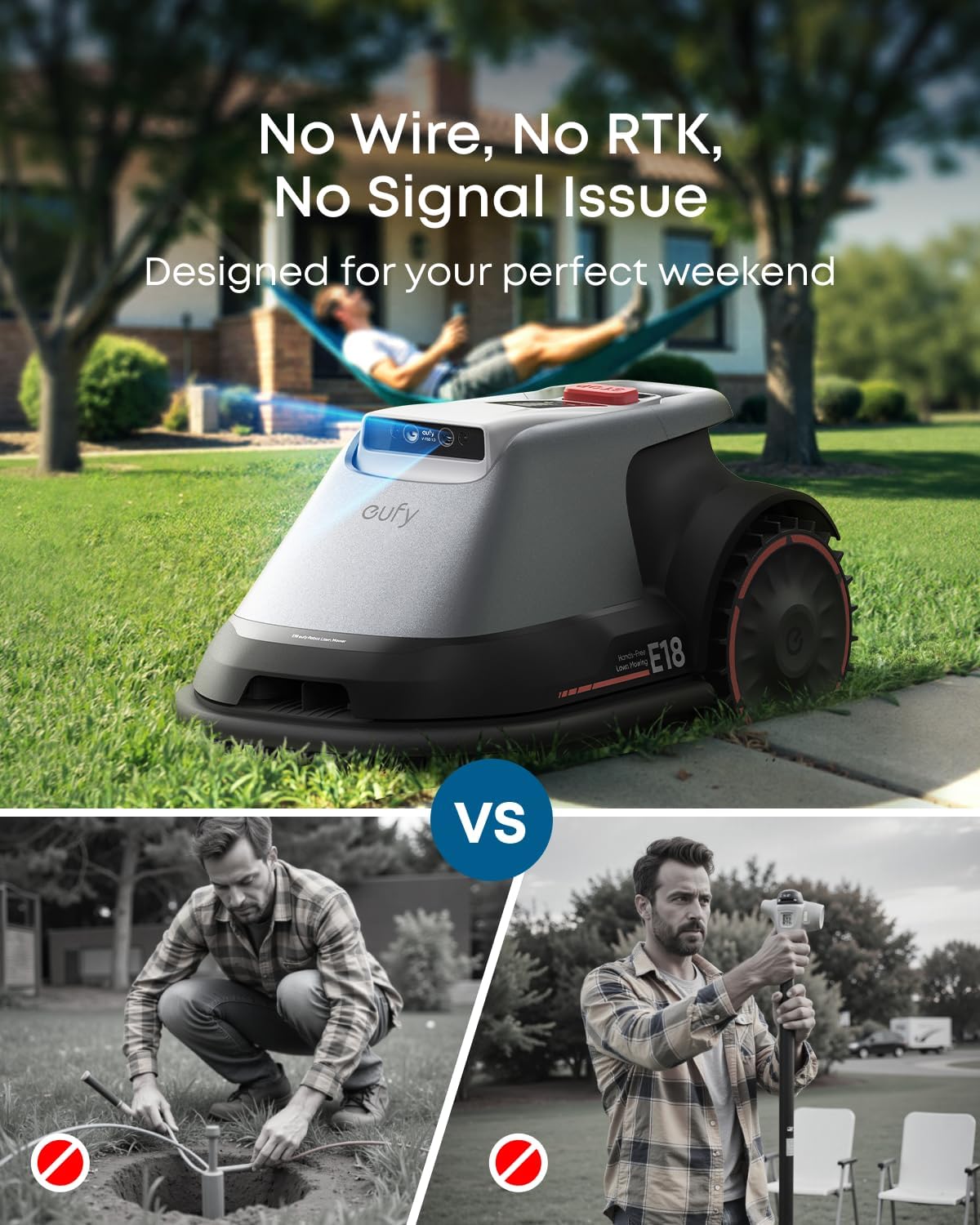 eufy Robot Lawn Mower E18, No Wire, No RTK, No Signal Issue, Hands-Free Auto Mapping, Precise Obstacle Avoiding, Reliable Lawn Maintenance, Worry-Free Experience