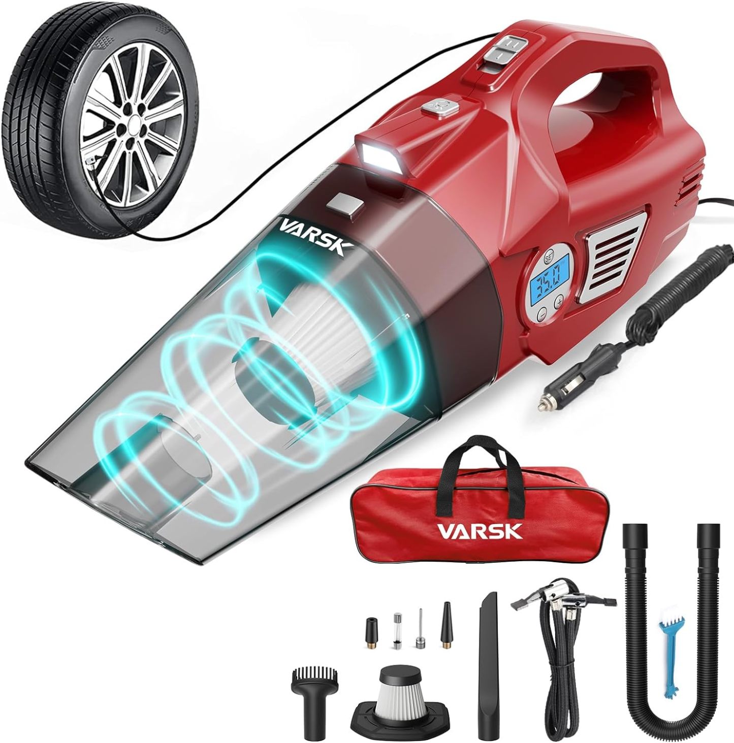 VARSK 4-in-1 Car Vacuum Cleaner High Power, Presents for Her Women Girls Mom, Pink Handheld Car Vacuum Portable Tire Inflator with Digital Tire Pressure Gauge LCD Display and Light, 12V DC, 15FT Cord