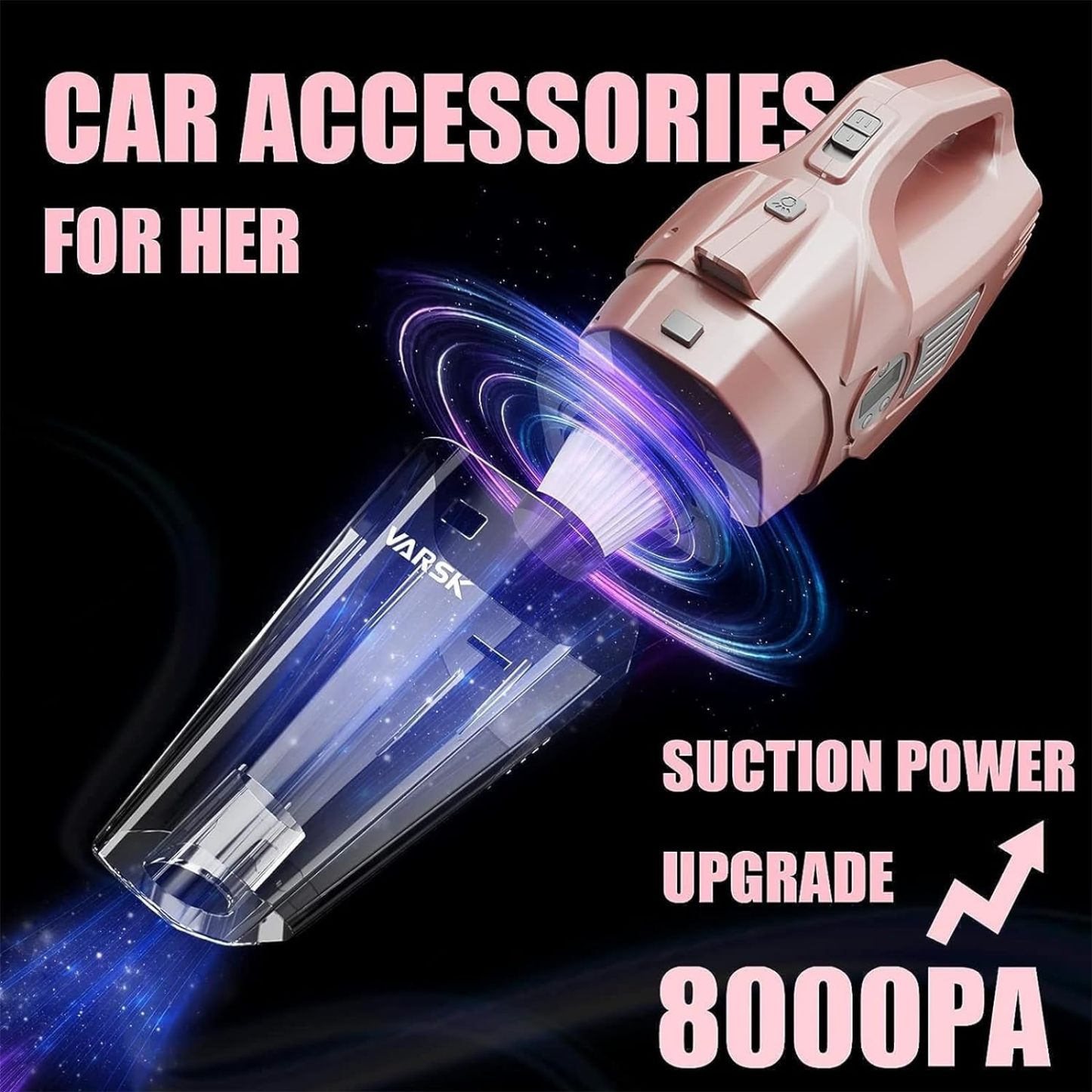 VARSK 4-in-1 Car Vacuum Cleaner High Power, Presents for Her Women Girls Mom, Pink Handheld Car Vacuum Portable Tire Inflator with Digital Tire Pressure Gauge LCD Display and Light, 12V DC, 15FT Cord