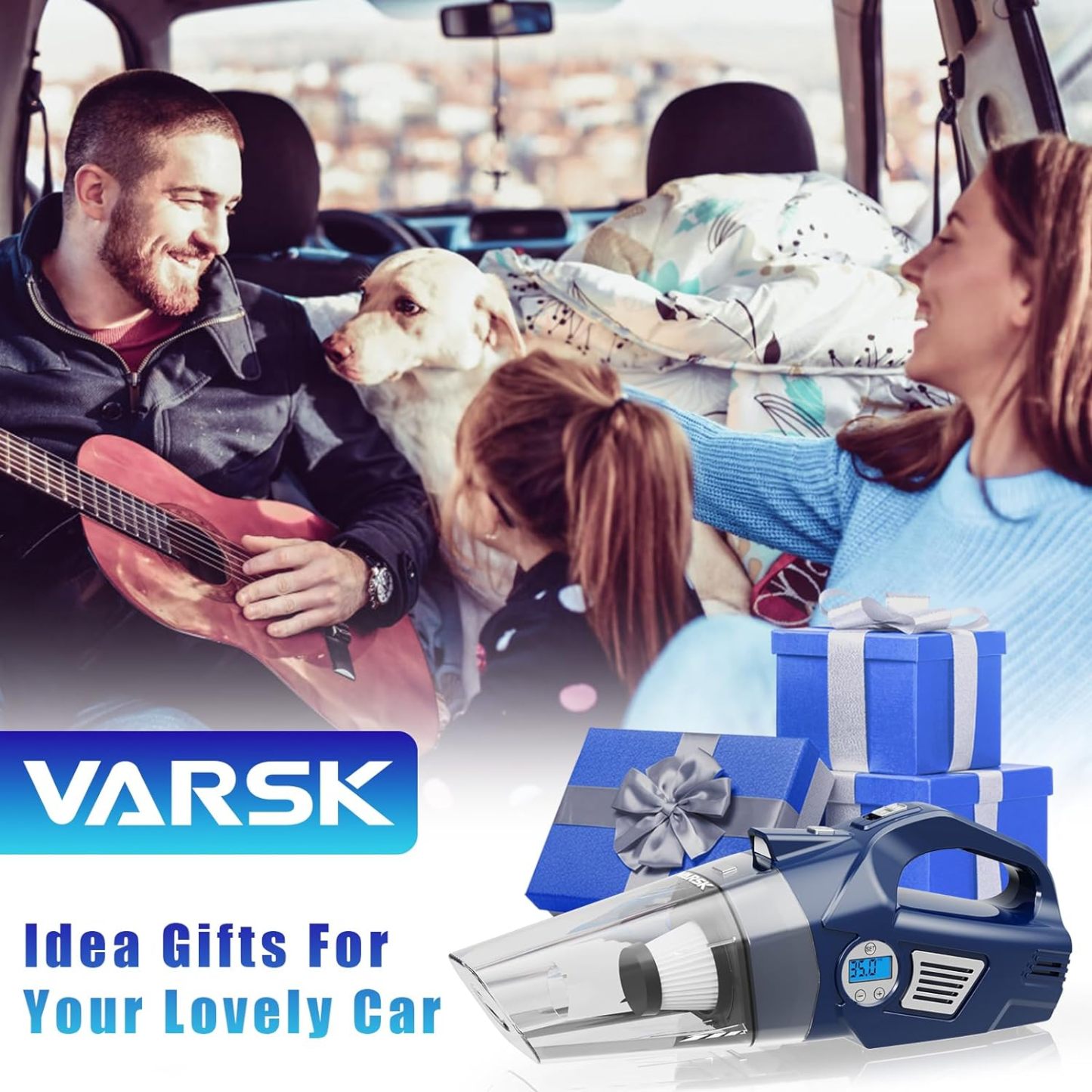 VARSK 4-in-1 Car Vacuum Cleaner High Power, Presents for Her Women Girls Mom, Pink Handheld Car Vacuum Portable Tire Inflator with Digital Tire Pressure Gauge LCD Display and Light, 12V DC, 15FT Cord