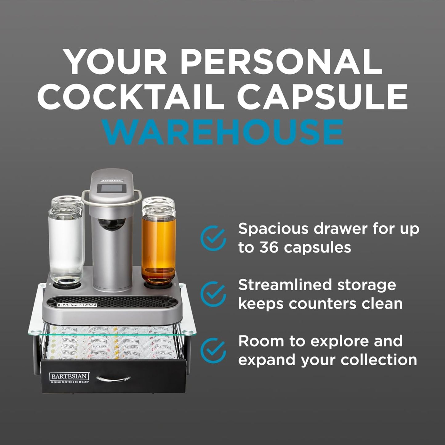 Bartesian Cocktail Capsule Storage Drawer Organizer - Stylish Mixology Cocktails Drink Mixer Holder Dispenser - Home Bar Accessories for Cocktail Maker Machine - Holds Up to 36 Capsules