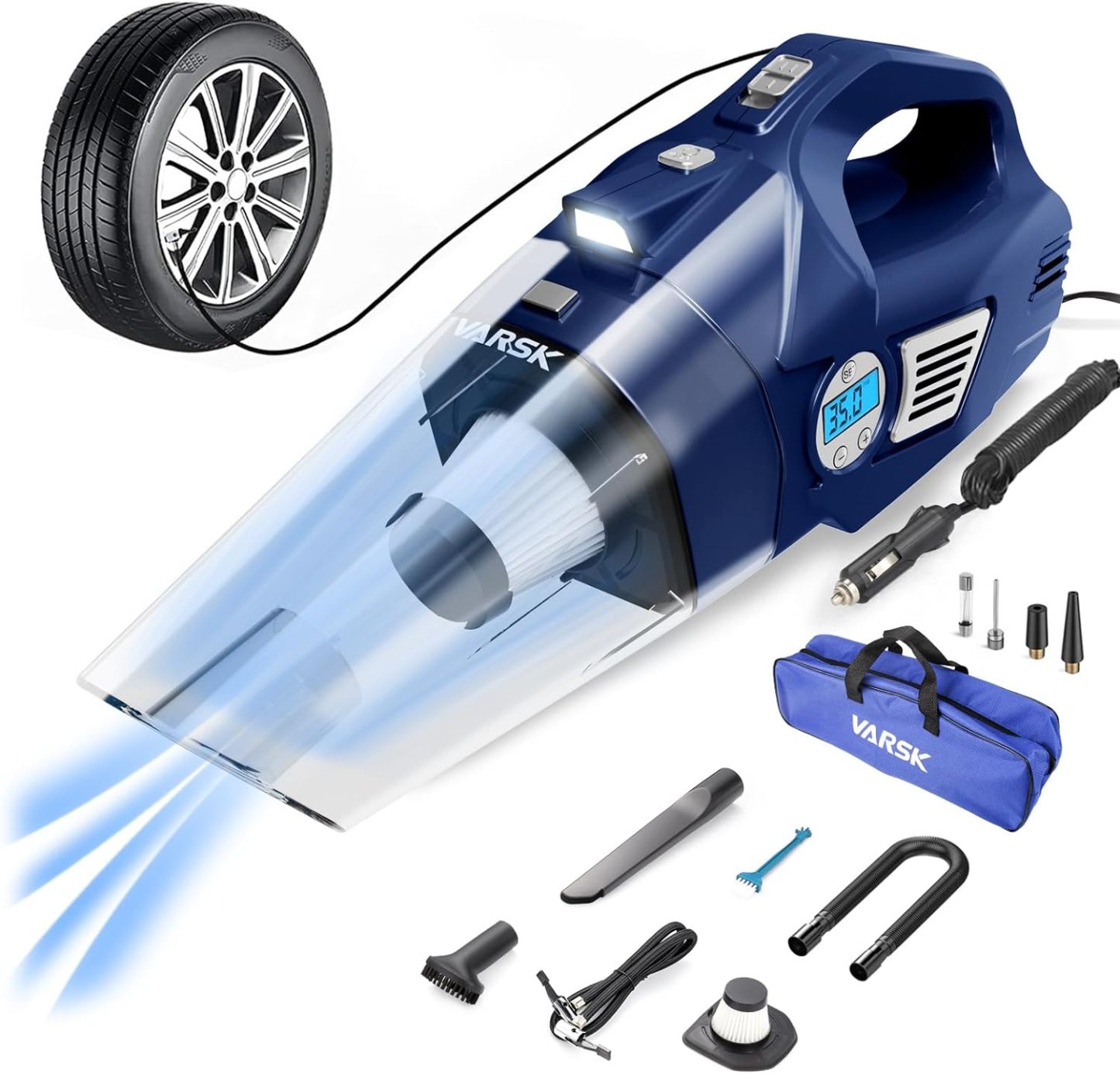 VARSK 4-in-1 Car Vacuum Cleaner High Power, Presents for Her Women Girls Mom, Pink Handheld Car Vacuum Portable Tire Inflator with Digital Tire Pressure Gauge LCD Display and Light, 12V DC, 15FT Cord