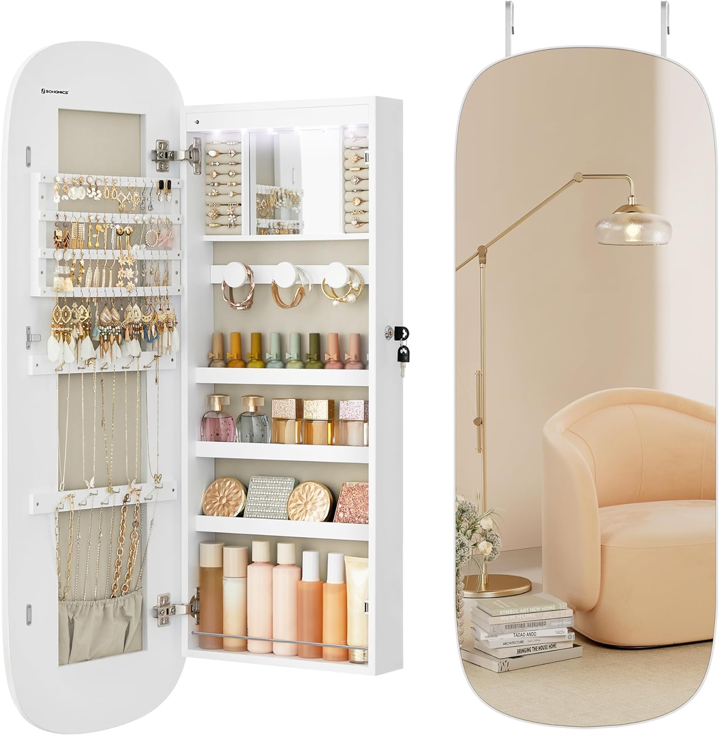 SONGMICS Jewelry Organizer, LED Jewelry Cabinet Wall or Door Mounted, Lockable Rounded Wide Mirror with Storage, Interior Mirror, 3.9 x 16.5 x 42.5 Inches, White Surface with Greige Lining UJJC026W01