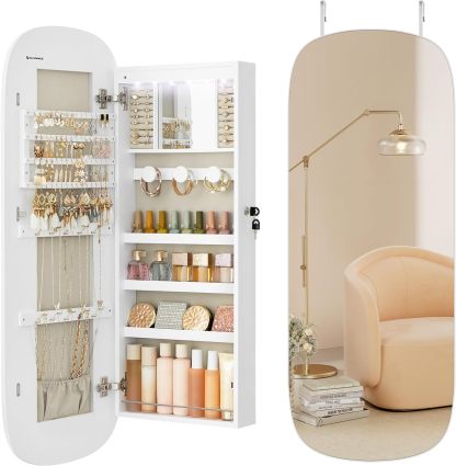 SONGMICS Jewelry Organizer, LED Jewelry Cabinet Wall or Door Mounted, Lockable Rounded Wide Mirror with Storage, Interior Mirror, 3.9 x 16.5 x 42.5 Inches, White Surface with Greige Lining UJJC026W01