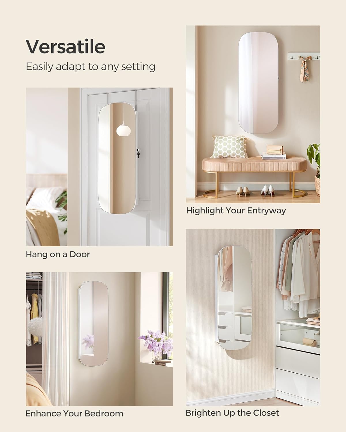 SONGMICS Jewelry Organizer, LED Jewelry Cabinet Wall or Door Mounted, Lockable Rounded Wide Mirror with Storage, Interior Mirror, 3.9 x 16.5 x 42.5 Inches, White Surface with Greige Lining UJJC026W01