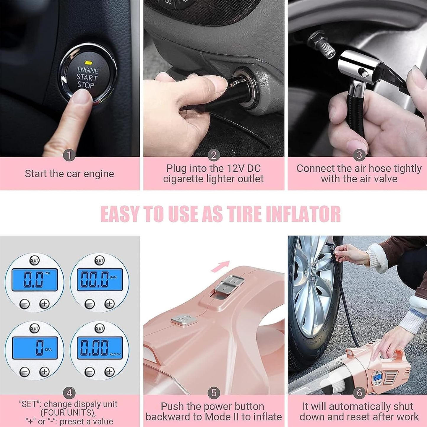 VARSK 4-in-1 Car Vacuum Cleaner High Power, Presents for Her Women Girls Mom, Pink Handheld Car Vacuum Portable Tire Inflator with Digital Tire Pressure Gauge LCD Display and Light, 12V DC, 15FT Cord