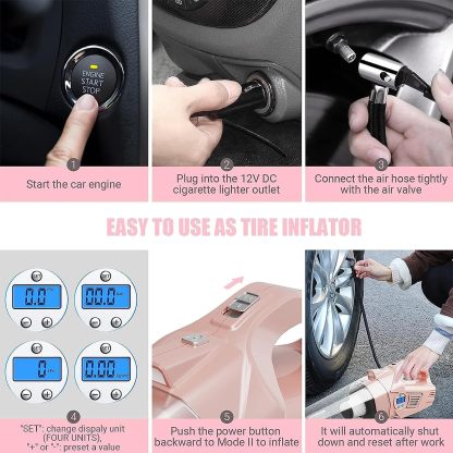 VARSK 4-in-1 Car Vacuum Cleaner High Power, Presents for Her Women Girls Mom, Pink Handheld Car Vacuum Portable Tire Inflator with Digital Tire Pressure Gauge LCD Display and Light, 12V DC, 15FT Cord