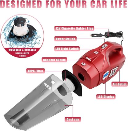VARSK 4-in-1 Car Vacuum Cleaner High Power, Presents for Her Women Girls Mom, Pink Handheld Car Vacuum Portable Tire Inflator with Digital Tire Pressure Gauge LCD Display and Light, 12V DC, 15FT Cord