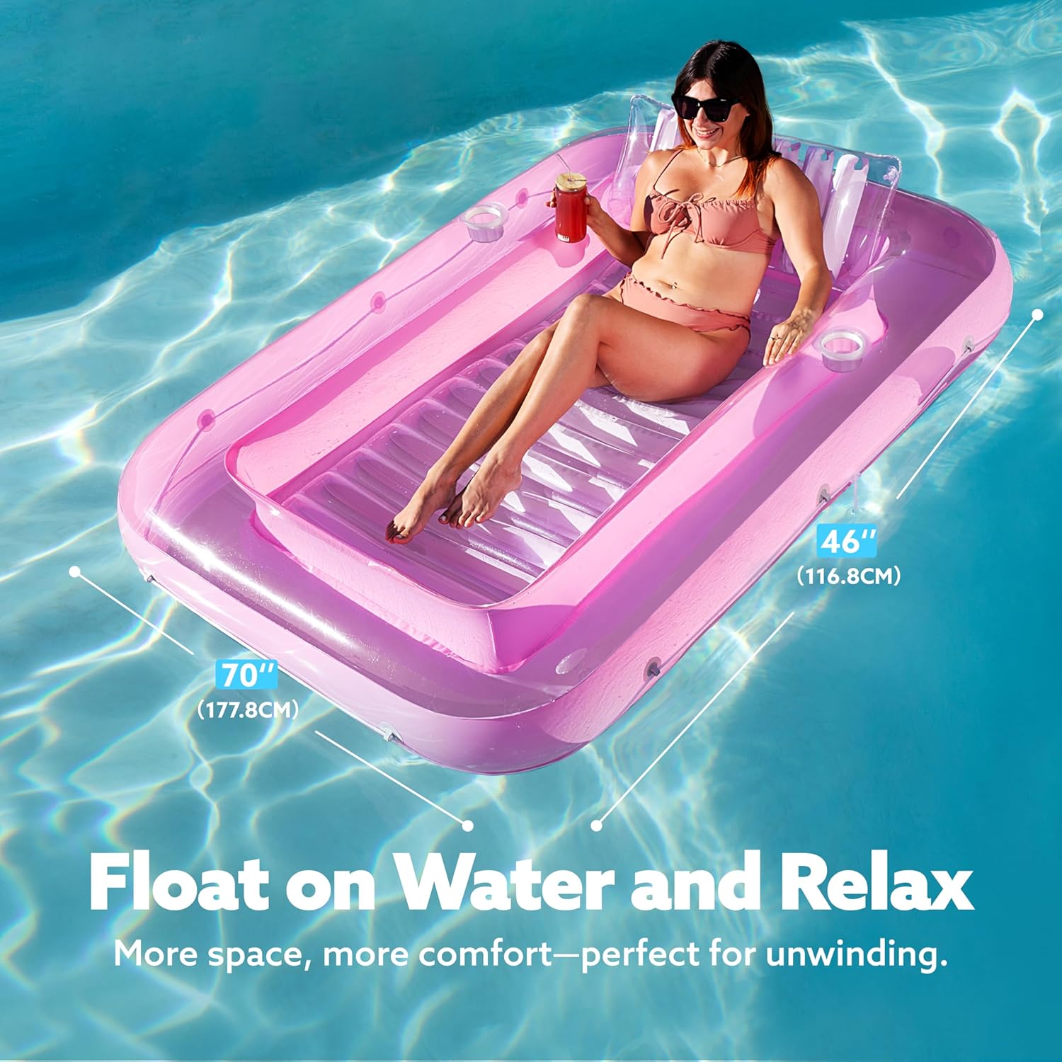 Inflatable Tanning Pool Lounger Float, 70" x 46" Pool Floats Adult with Pillow