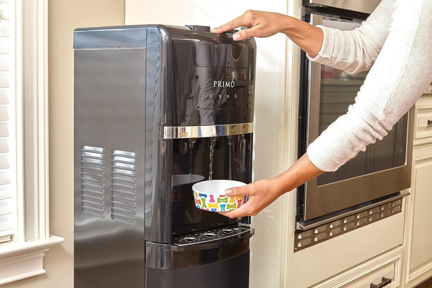 Primo Bottom Loading Water Dispenser, 3 Temp (Hot-Cool-Cold) Water Dispenser for 5 Gallon Bottle w/Child-Resistant Safety Feature, Black with Black Stainless Door