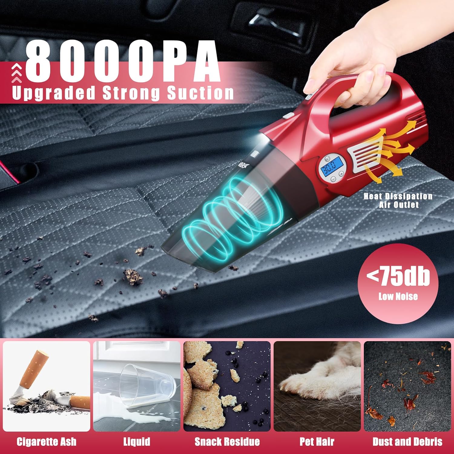 VARSK 4-in-1 Car Vacuum Cleaner High Power, Presents for Her Women Girls Mom, Pink Handheld Car Vacuum Portable Tire Inflator with Digital Tire Pressure Gauge LCD Display and Light, 12V DC, 15FT Cord