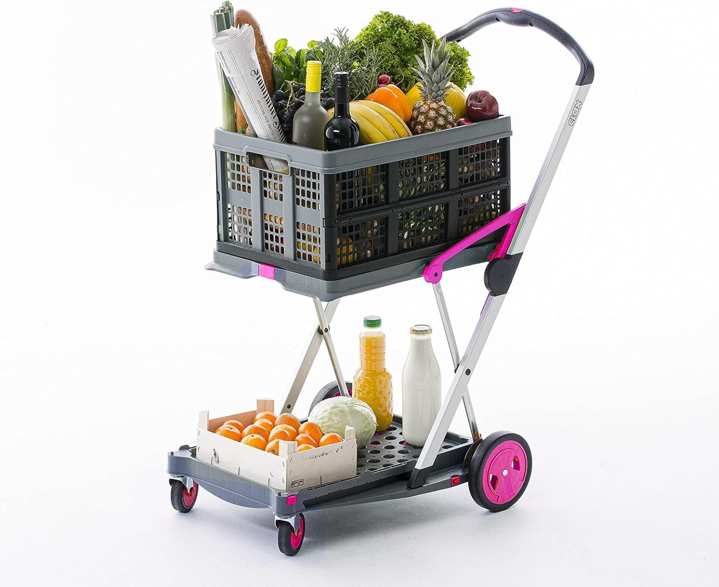 CLAX® The Original | Made in Germany | Multi use Functional Collapsible Carts | Mobile Folding Trolley | Shopping Cart with Storage Crate (Pink)