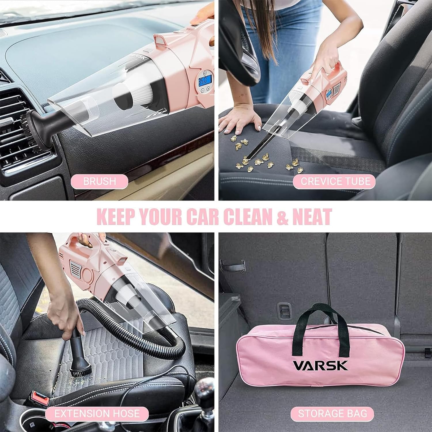 VARSK 4-in-1 Car Vacuum Cleaner High Power, Presents for Her Women Girls Mom, Pink Handheld Car Vacuum Portable Tire Inflator with Digital Tire Pressure Gauge LCD Display and Light, 12V DC, 15FT Cord