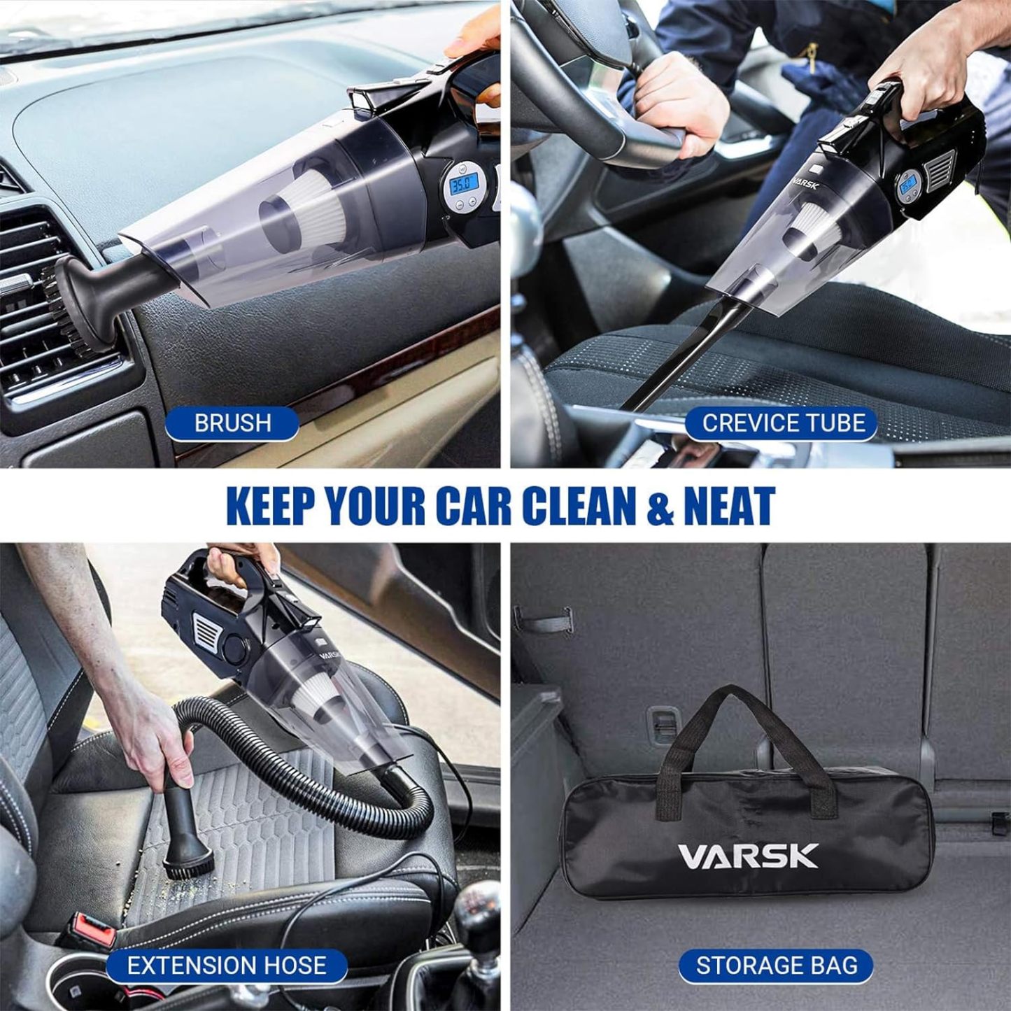 VARSK 4-in-1 Car Vacuum Cleaner High Power, Presents for Her Women Girls Mom, Pink Handheld Car Vacuum Portable Tire Inflator with Digital Tire Pressure Gauge LCD Display and Light, 12V DC, 15FT Cord