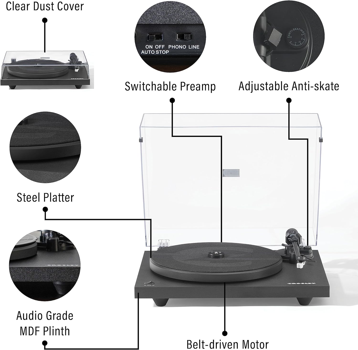 Crosley C6B-WH Belt-Drive Bluetooth Turntable Record Player with Adjustable Tone Arm, White