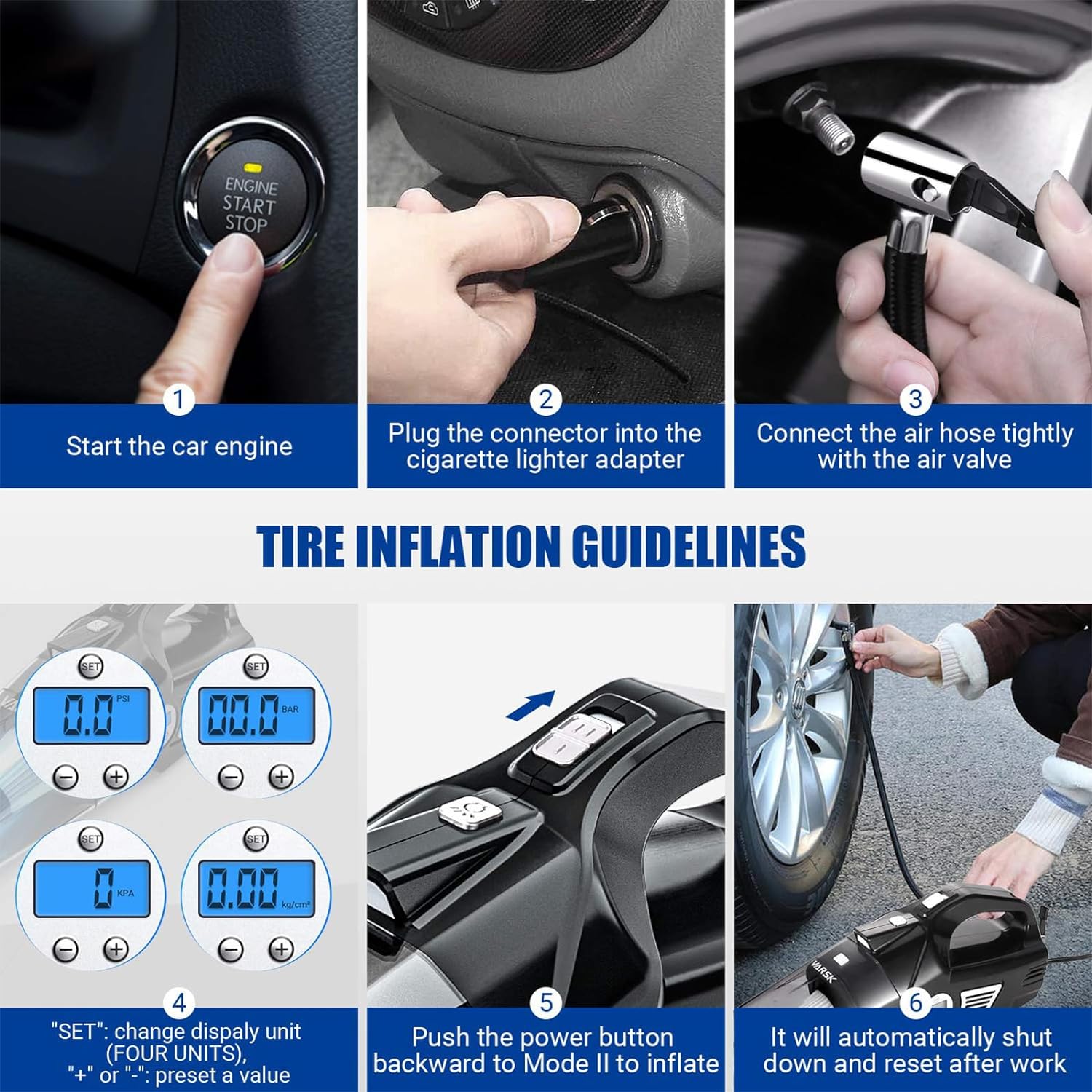 VARSK 4-in-1 Car Vacuum Cleaner High Power, Presents for Her Women Girls Mom, Pink Handheld Car Vacuum Portable Tire Inflator with Digital Tire Pressure Gauge LCD Display and Light, 12V DC, 15FT Cord