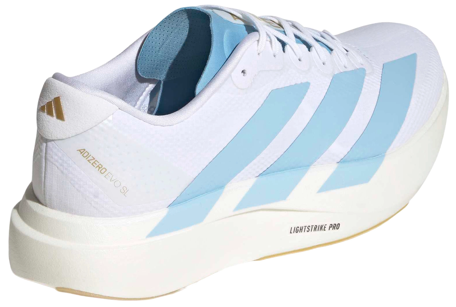 adidas Men's Adizero EVO SL Woven Running Shoes - Ftwr White/Clear Blue/Matte Gold - View 6