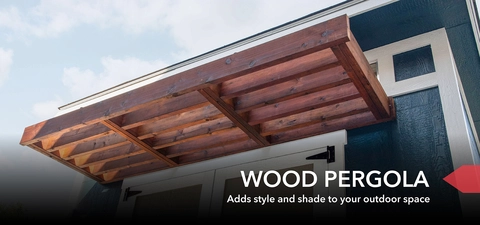 Photo of the Solara's pergola, which extends out above the bar windows. Text reads, "Wood pergola. Adds style and shade to your outdoor space."