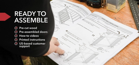 Photo of a person viewing assembly instructions. Text reads, "Ready to assemble. Pre-cut wood. Pre-assembled doors. How-to videos. Printed instructions. US-based customer support."