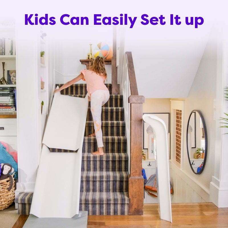 Stairslide Original Stair Mounted Kids Indoor Home Staircase Slide Playset with Self Anchoring Non Slip Grips for 9 to 12 Stairs, Cream