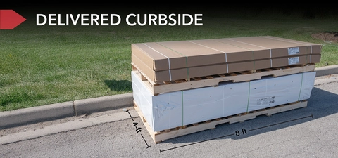 Photo of shed kit in the box on the side of a curb. Text reads, "Delivered curbside." Box is also labeled with dimensions: Four foot width, Eight foot depth.