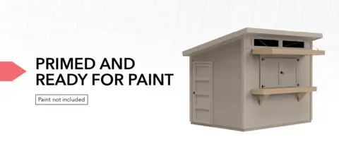 Silhouette of Solara shed before painting. The siding is a medium brown color. Text reads, "Primed and ready for paint. Paint not included."