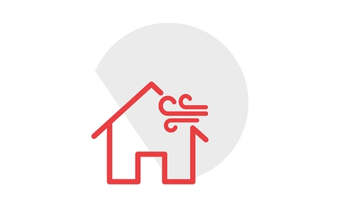 Built to Last Simple red icon of a house with wind blowing at the roof.