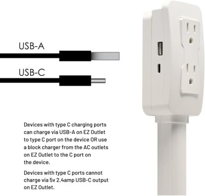 Electrical Outlet Extender. Access Hard-to-Reach Outlets! Features USB-A, USB-C, and 2 AC Outlets, Extends 22"-34", Rotates 180°. Use Behind Couches, Nightstands, Desks, and More.