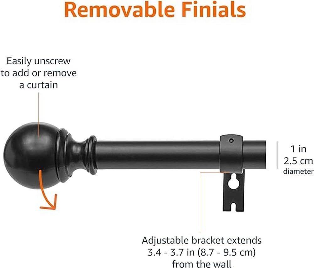 2.5cm Curtain Rod with Round Finials - 1-Pack, 183cm -366cm, Black