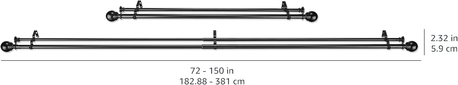2.5cm Curtain Rod with Round Finials - 1-Pack, 183cm -366cm, Black
