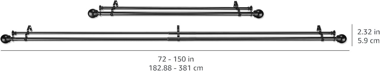 2.5cm Curtain Rod with Round Finials - 1-Pack, 183cm -366cm, Black