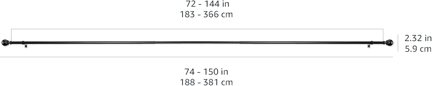2.5cm Curtain Rod with Round Finials - 1-Pack, 183cm -366cm, Black