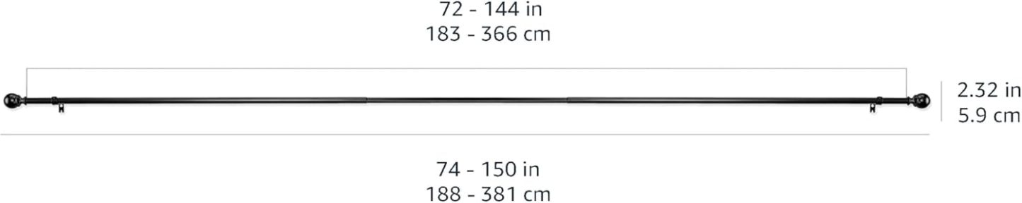2.5cm Curtain Rod with Round Finials - 1-Pack, 183cm -366cm, Black