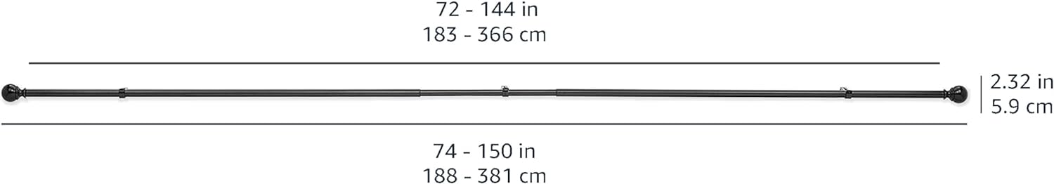 2.5cm Curtain Rod with Round Finials - 1-Pack, 183cm -366cm, Black