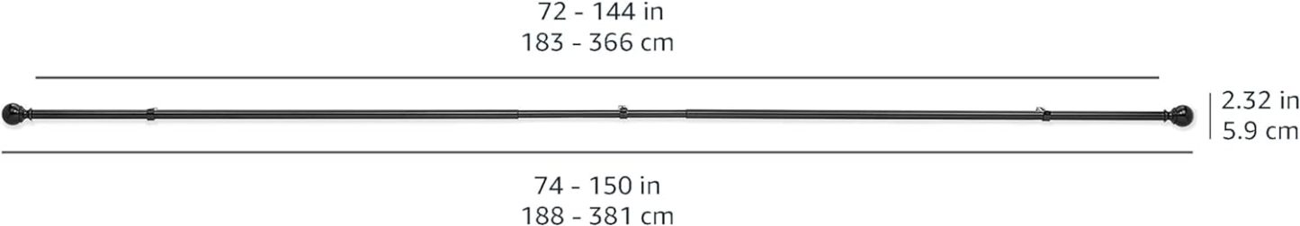 2.5cm Curtain Rod with Round Finials - 1-Pack, 183cm -366cm, Black