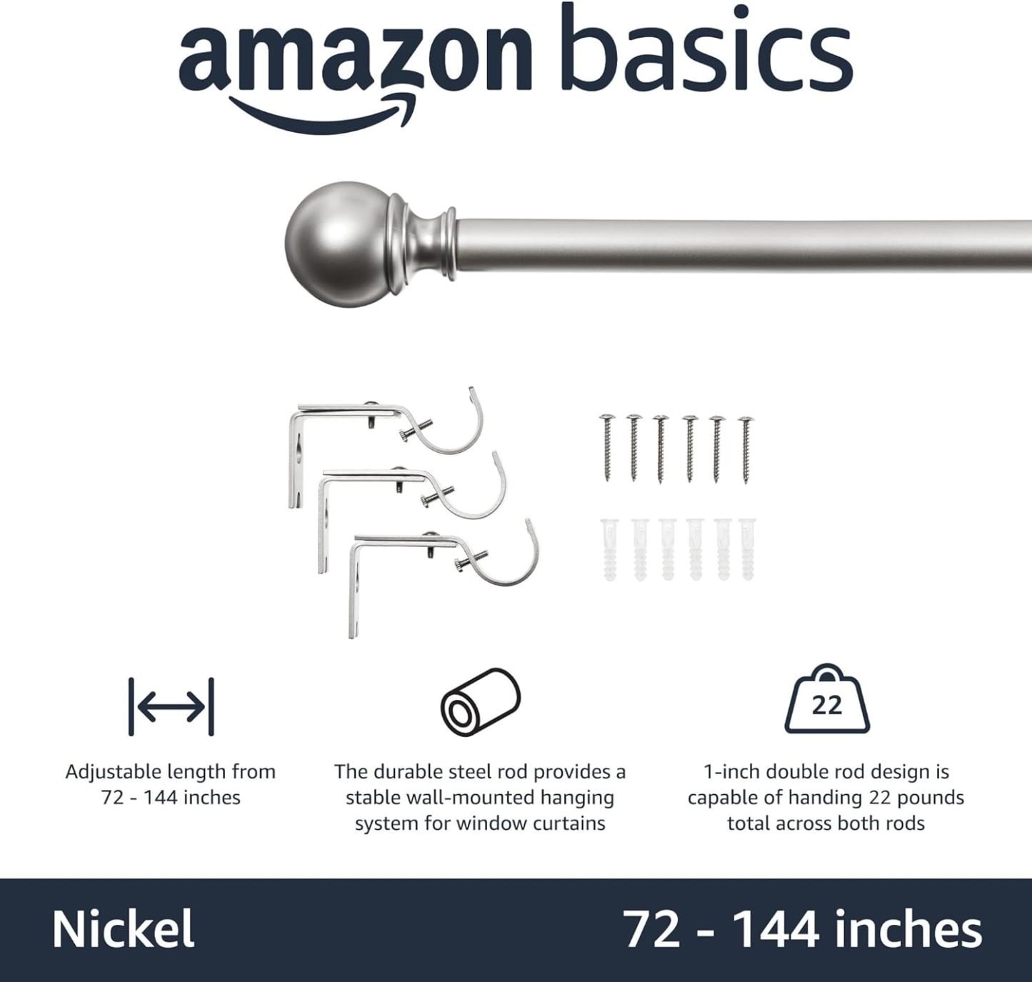 2.5cm Curtain Rod with Round Finials - 1-Pack, 183cm -366cm, Black