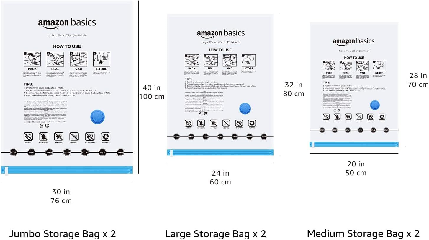 Vacuum Compression Space Saving Storage Bags with Hand Pump, Jumbo, Pack of 6, Clear