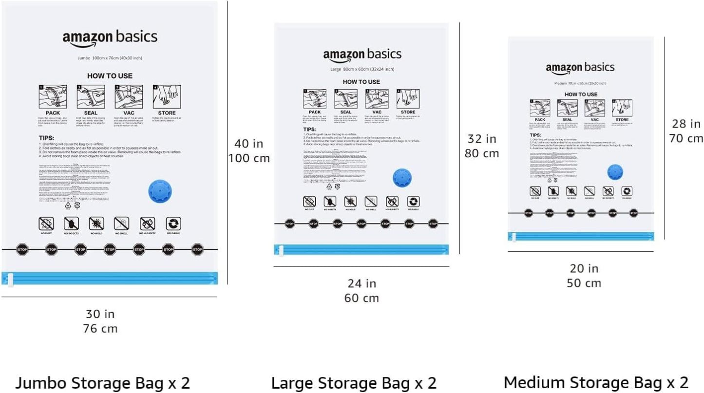 Vacuum Compression Space Saving Storage Bags with Hand Pump, Jumbo, Pack of 6, Clear